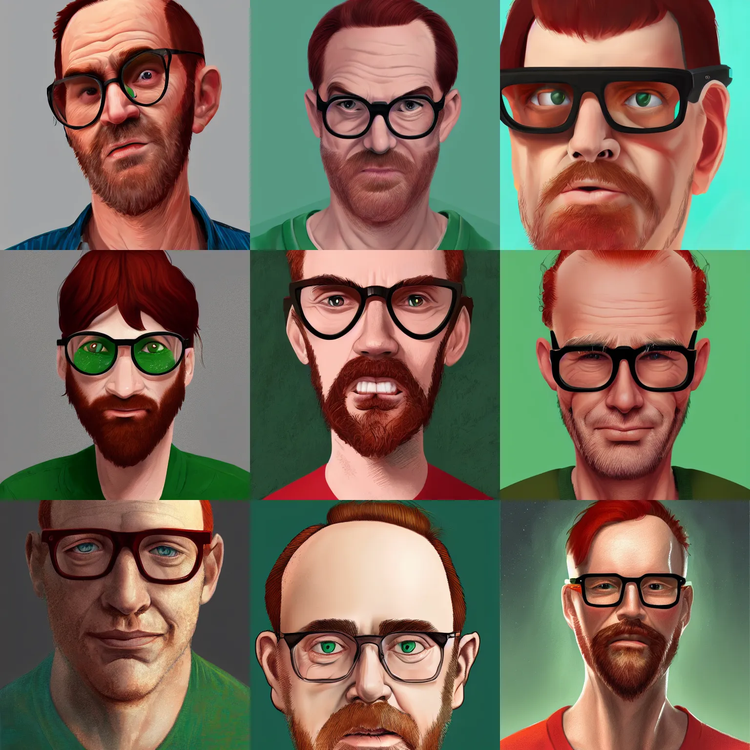 Prompt: portrait of a middle age man balding red hair and freckles and wearing glasses with green eyes, friendly, 8 k, highly detailed, digital painting, artstation, sharp focus, illustration