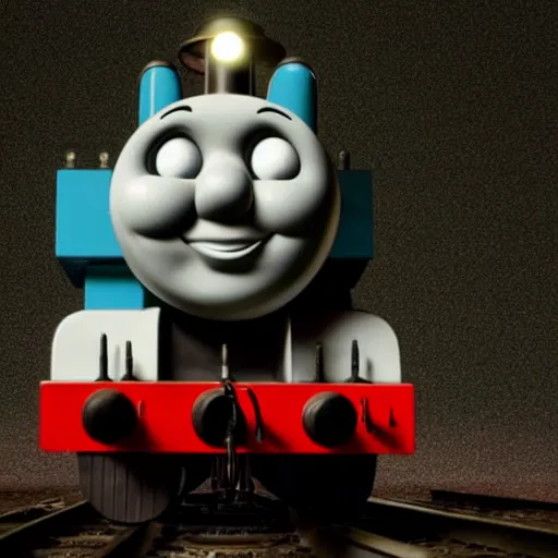 Image similar to Scary Thomas the Train with its glowing eyes at night ,grey and dark theme,creepy,gloomy