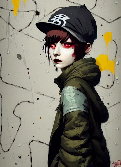 Prompt: highly detailed portrait of a sewer punk lady student, white eyes, burberry hoody, hat, white hair by atey ghailan, by greg rutkowski, by greg, tocchini, by james gilleard, by joe fenton, by kaethe butcher, gradient yellow, black, brown and cyan color scheme, grunge aesthetic!!! ( ( graffiti tag wall background ) )