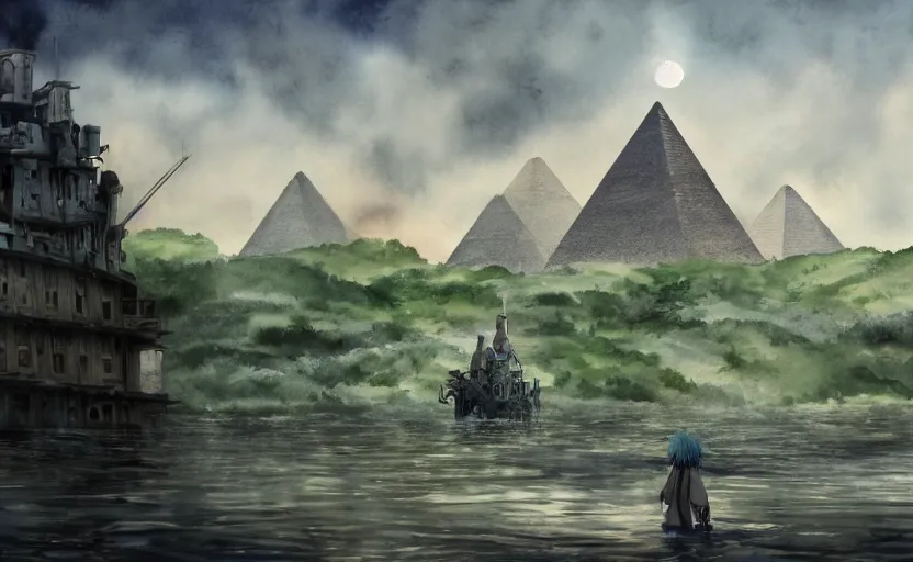 Image similar to a realistic and atmospheric cell - shaded watercolor concept art from howl's moving castle ( 2 0 0 4 ) of a sci - fi city and an egyptian pyramid complex in a flooded rainforest. very dull muted colors, hd, 4 k, hq