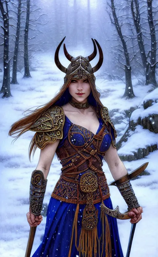 Image similar to lapis lazuli viking warrior, regal, elegant, winter, snow, beautiful, stunning, hd, illustration, epic, d & d, fantasy, intricate, elegant, highly detailed, wide angle, digital painting, artstation, concept art, smooth, sharp focus, illustration, wallpaper, art by artgerm and greg rutkowski and alphonse mucha and jin xiaodi