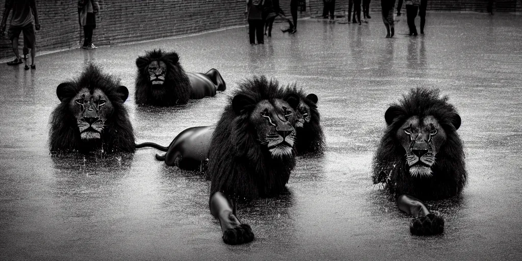 Prompt: the pack of smooth black lions, made of smooth black goo, bathing in the black goo moat in the zoo exhibit, viscous, sticky, full of black goo, covered with black goo, splattered black goo, dripping black goo, dripping goo, splattered goo, sticky black goo. photography, dslr, reflections, black goo, zoo, exhibit