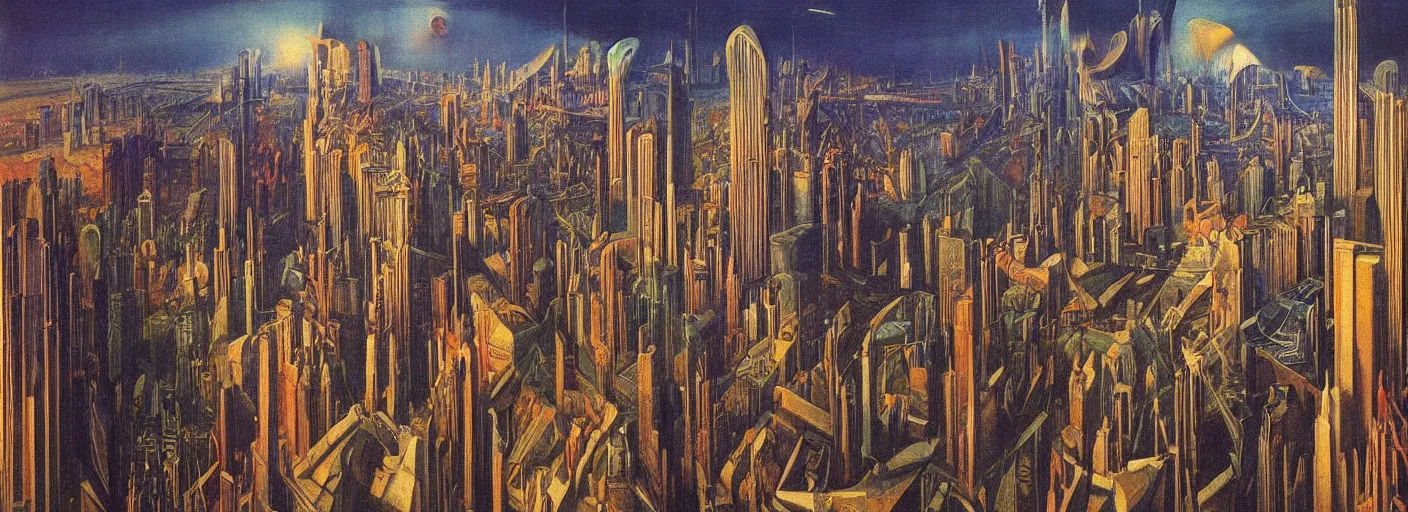 Image similar to a surreal painting of a cityscape by Ernst Fuchs, soft colors, dramatic lighting, smooth, sharp focus, extremely detailed