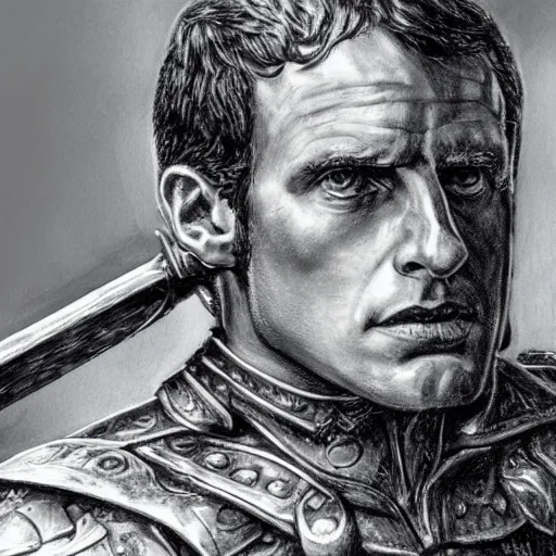 Prompt: portrait of Emmanuel Macron in fantasy armor with a large sword resting on his shoulder, realistic, detailed, cinematic light, art of D&D