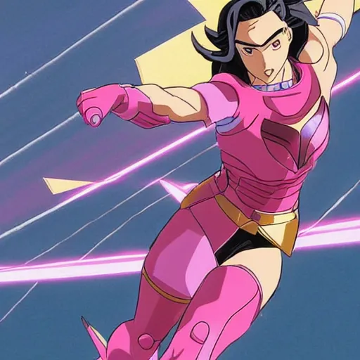 Prompt: a moderne painting of gal gadot as the pink power ranger in the style of makoto shinkai, and in the style of akira toriyama. sharp focus, semi - realism, intricate detail.