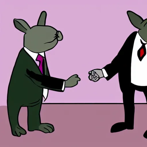 Prompt: a mouse in a suit. a rabbit in a suit. handshake. cartoon
