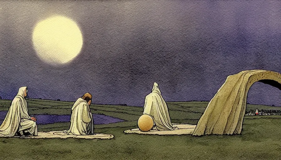 Prompt: a realistic and atmospheric watercolour fantasy concept art of a shiny metallic ufo landing in a large stonehenge. medieval monk in grey robes on his knees praying. a crescent moon in the sky. muted colors. by rebecca guay, michael kaluta, charles vess and jean moebius giraud
