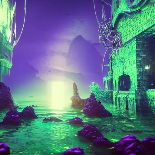 Prompt: a very beautiful lovecraftian ruined world underwater with ultra realist waves curiosities carnival, symmetry accurate features, focus, very intricate ultrafine details, green purple aqua volumetric lights, award winning masterpiece, octane render 8 k hd