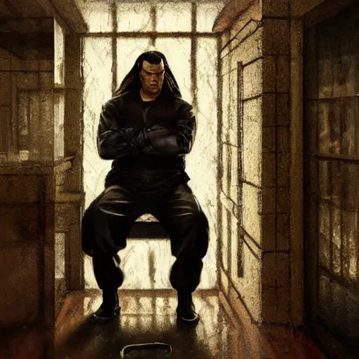 Image similar to sad steven seagal in jail cell, intricate, highly detailed, digital painting, artstation, concept art, smooth, sharp focus, illustration, art by greg rutkowski, patriotic!