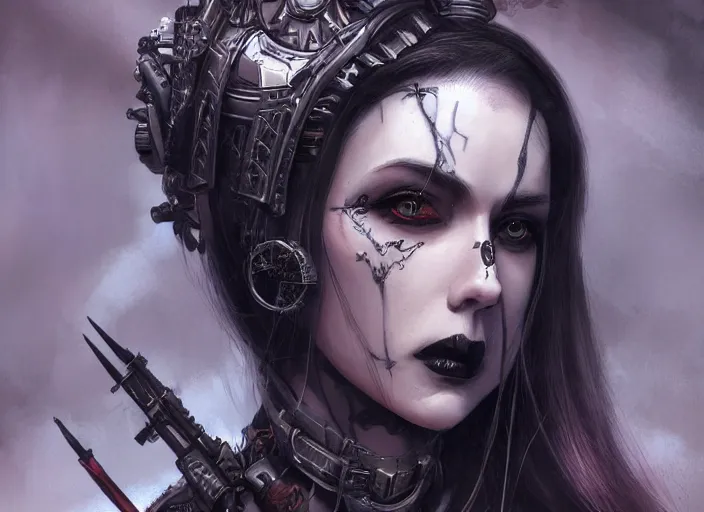 Image similar to beautiful pale gothic maiden killing Nicolas Cage, warhammer 40000, cyberpunk, intricate, elegant, highly detailed, digital painting, artstation, concept art, smooth, sharp focus, illustration