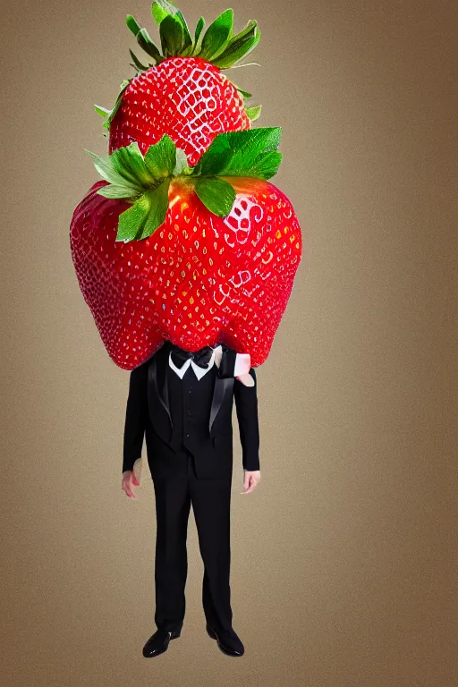 Prompt: a strawberry man wearing a tuxedo, he has a giant strawberry instead of a head