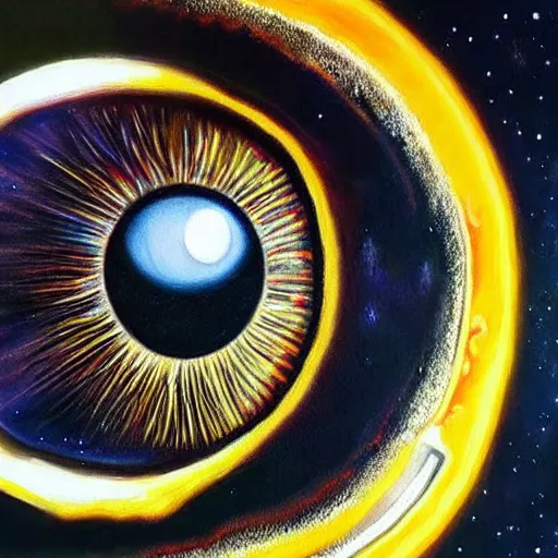 Prompt: a highly detailed photorealistic painting of a human eye reflecting outer space