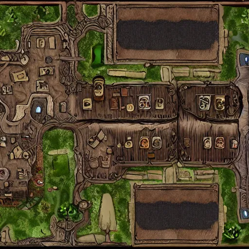 Prompt: An detailed aerial view of a cartoonish tavern, contaning tables and walls, dnd map , map patreon, fantasy maps, foundry vtt, fantasy grounds, aerial view ,tabletop, inkarnate, dugeondraft, roll2
