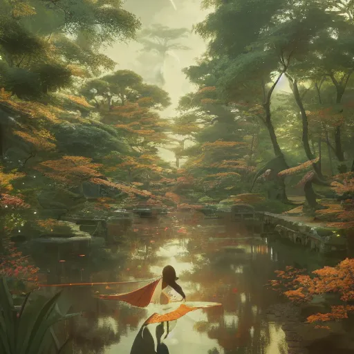 Image similar to a japanese park, highly detailed vfx portrait, unreal engine, greg rutkowski, loish, rhads, caspar david friedrich, makoto shinkai and lois van baarle, ilya kuvshinov, rossdraws, elegent, tom bagshaw, alphonse mucha, global illumination, detailed and intricate environment.