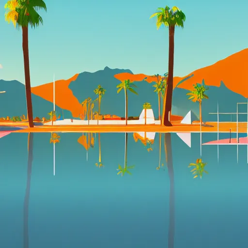 Image similar to a beautiful illustration of palm springs by James gilleard, artstation HD, geometric lines, olive and tangerine colors, HD, 4k, 8k