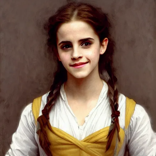 Image similar to Painting of Emma Watson as Hermione Granger. Smiling. Happy. Cheerful. Art by william adolphe bouguereau. Extremely detailed. Beautiful. 4K. Award winning.