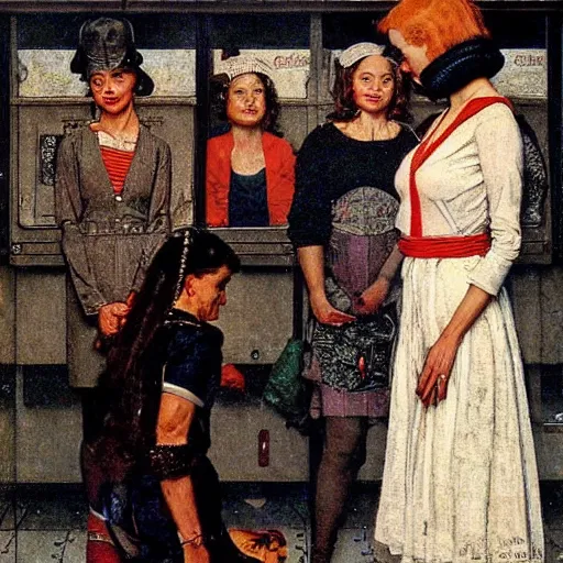 Prompt: A synthetic woman meets others for the first time, by Norman Rockwell.