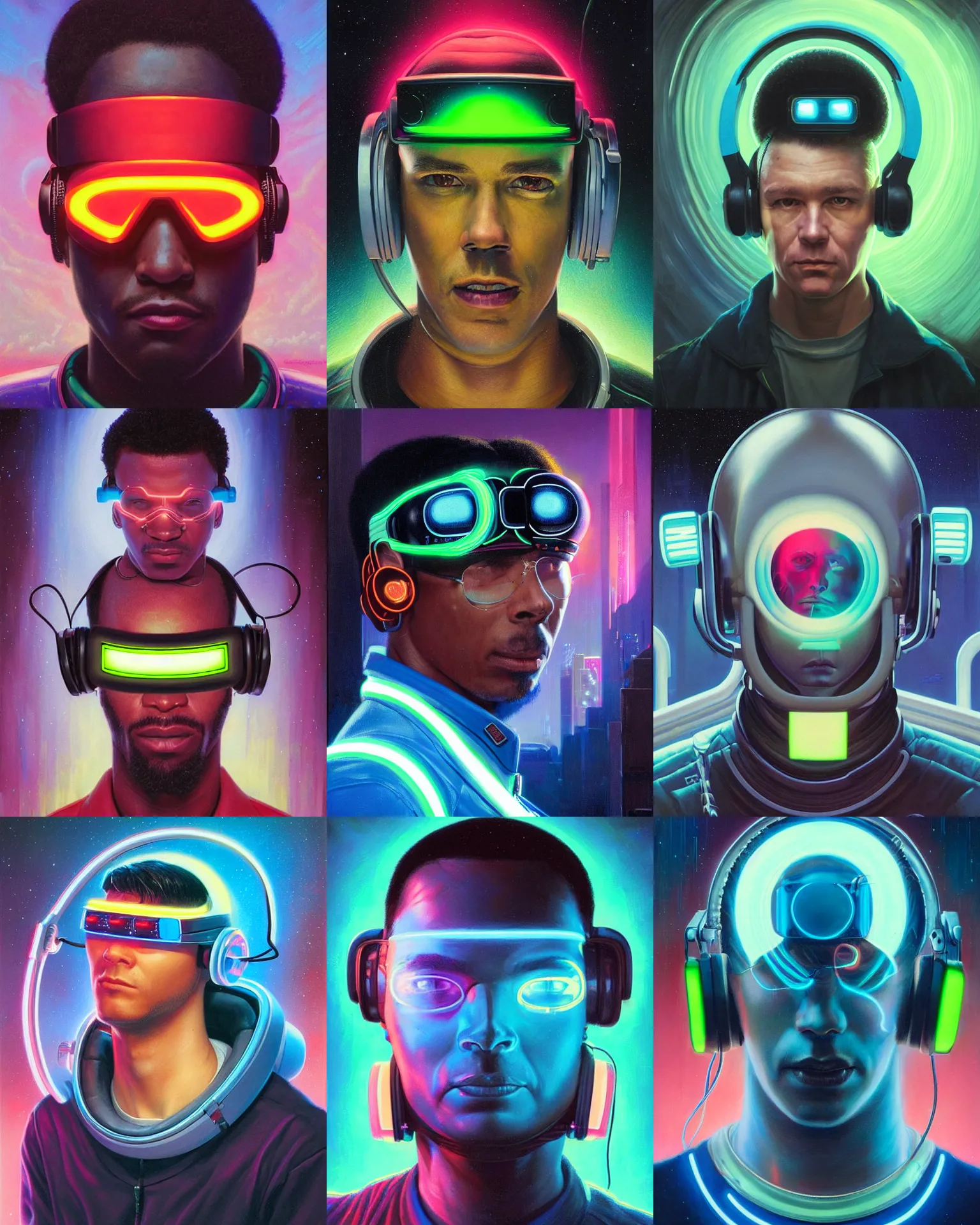 Prompt: neon cyberpunk programmer with glowing geordi cyclops visor over eyes and sleek headphones headshot desaturated portrait painting by donato giancola, dean cornwall, rhads, tom whalen, alex grey astronaut fashion photography