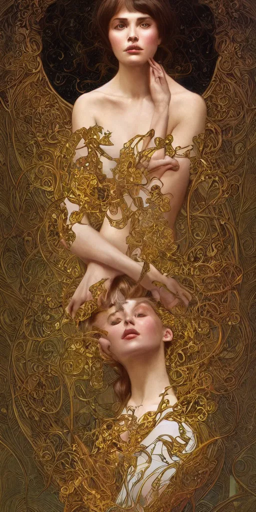 Image similar to ultra realistic illustration studio of a beautiful girl in an artistic pose, intricate, elegant, highly detailed, digital painting, artstation, concept art, smooth, sharp focus, illustration, art by artgerm and greg rutkowski and alphonse mucha by klimt