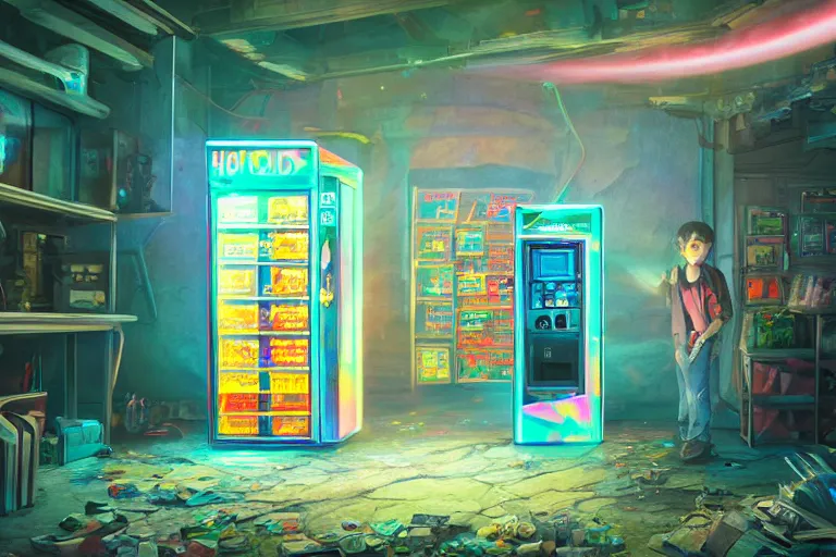 Image similar to an holographic vending machine inside the interior of an abandon house, sunny day, long shot, matte painting, digital art, in the style of studio ghibli, vivid colors, highly detailed, 8 k, establishing shot, smooth, trending on artstation, illustration, realistic