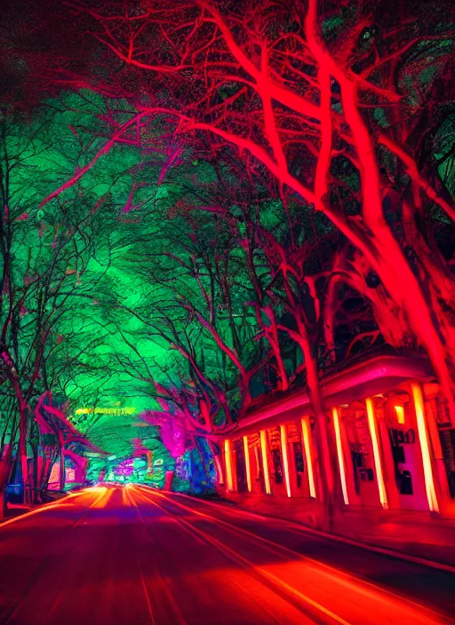 Image similar to Neon night, red lights of the car motion blur, oak alley