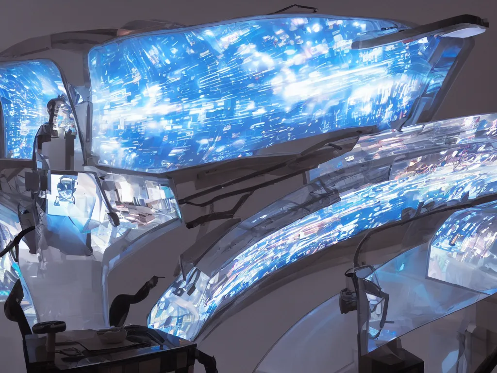 Image similar to visor with curved translucent screens projecting detailed sci - fi art ( 2 0 4 2 ), pixel perfect photograph, high contrast, volumetric lighting, thin glowing lights, chair, users, pair of keys