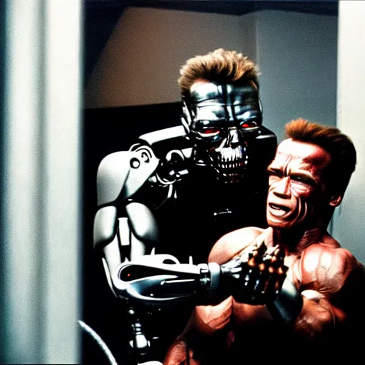 Image similar to uhd photorealisitc candid photo of arnold schwarzenegger begging a terminator not to kill him. hyperdetailed, accurate, studio lighting. photo by annie leibowitz and steve mccurry