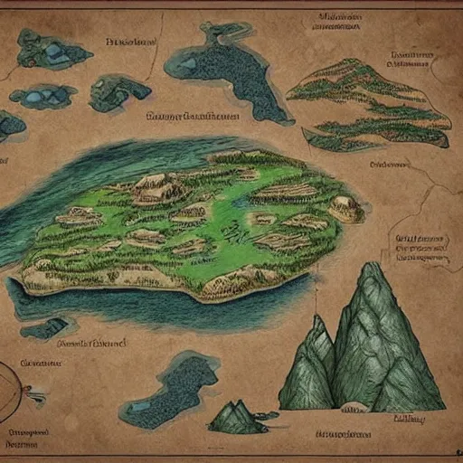 Image similar to imaginary map of an island, drawing of different elements in the lands, different realms, blueprint, infographic, on paper, natural colors, vintage, with notes, highly detailed, trending on artstation, fantasy art