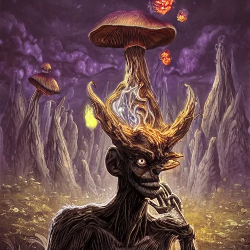 Image similar to 4 k headshot portrait of a psychedelic demonic anthropomorphic wendigo smoking a hand - rolled cigarette smoking heavily, magic mushroom village in background. award winning. superb resolution. in the art style of junji ito and greg rutkowski. detailed mushroom city in background. hyper realistic anime. perfect art. dalle 2