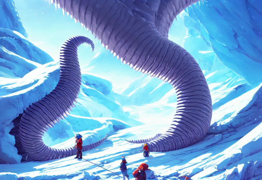 Image similar to a giant ice worm on a glacier, intricate oil painting, high detail illustration, sharp high detail, manga and anime 1 9 9 9, official fanart behance hd artstation by jesper ejsing and makoto shinkai, 4 k,