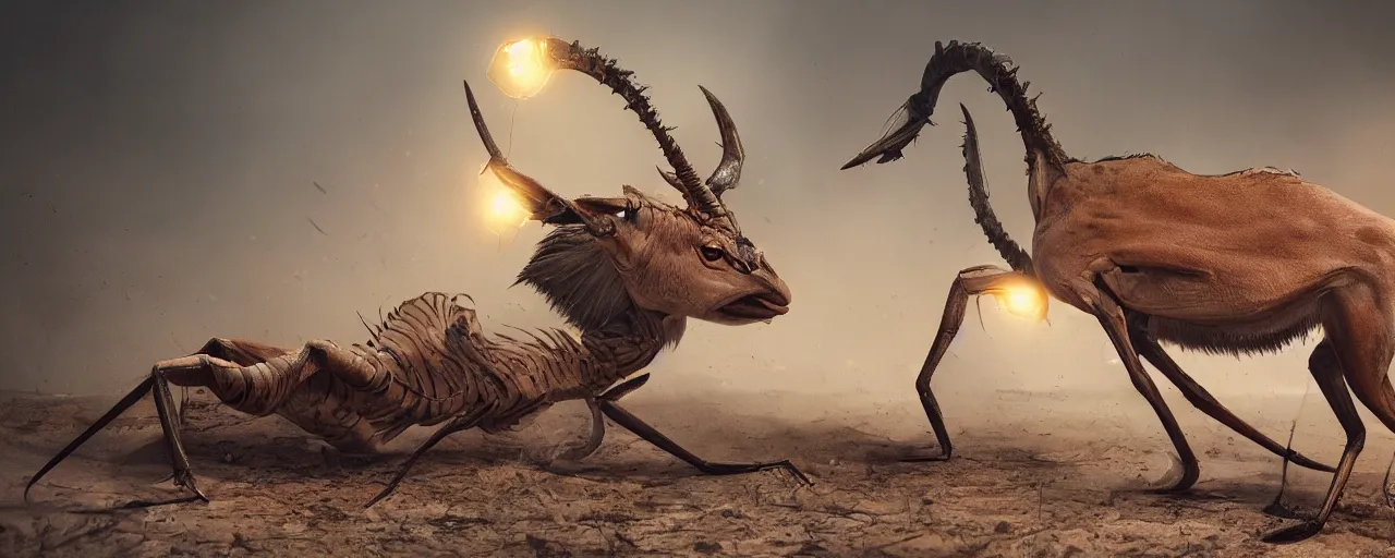 Image similar to creature design, a gazelle with crustacean carapace, cryptid, cinematic lighting, octane render, cinematic aura lighting, atmospheric, photorealistic, hyperdetailed 3 d matte painting, hyperrealism, hyperrealistic