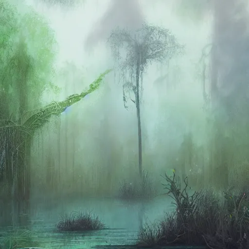 Image similar to an ethereal misty fairy swamp, fantasy illustration