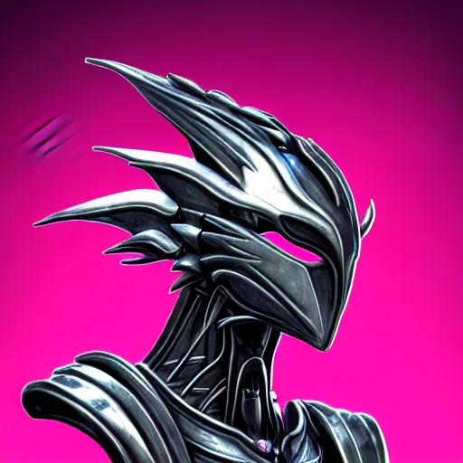 Image similar to extremely detailed bust shot of a goddess that's a giant beautiful stunning anthropomorphic robot female dragon, standing majestically over mountains, elegant pose, streamlined shiny silver metal armor, fuchsia skin below the armor, sharp metal claws, long elegant tail, detailed warframe fanart, high quality digital art, giantess art, furry art, warframe art, furaffinity, DeviantArt, 8k HD, octane render