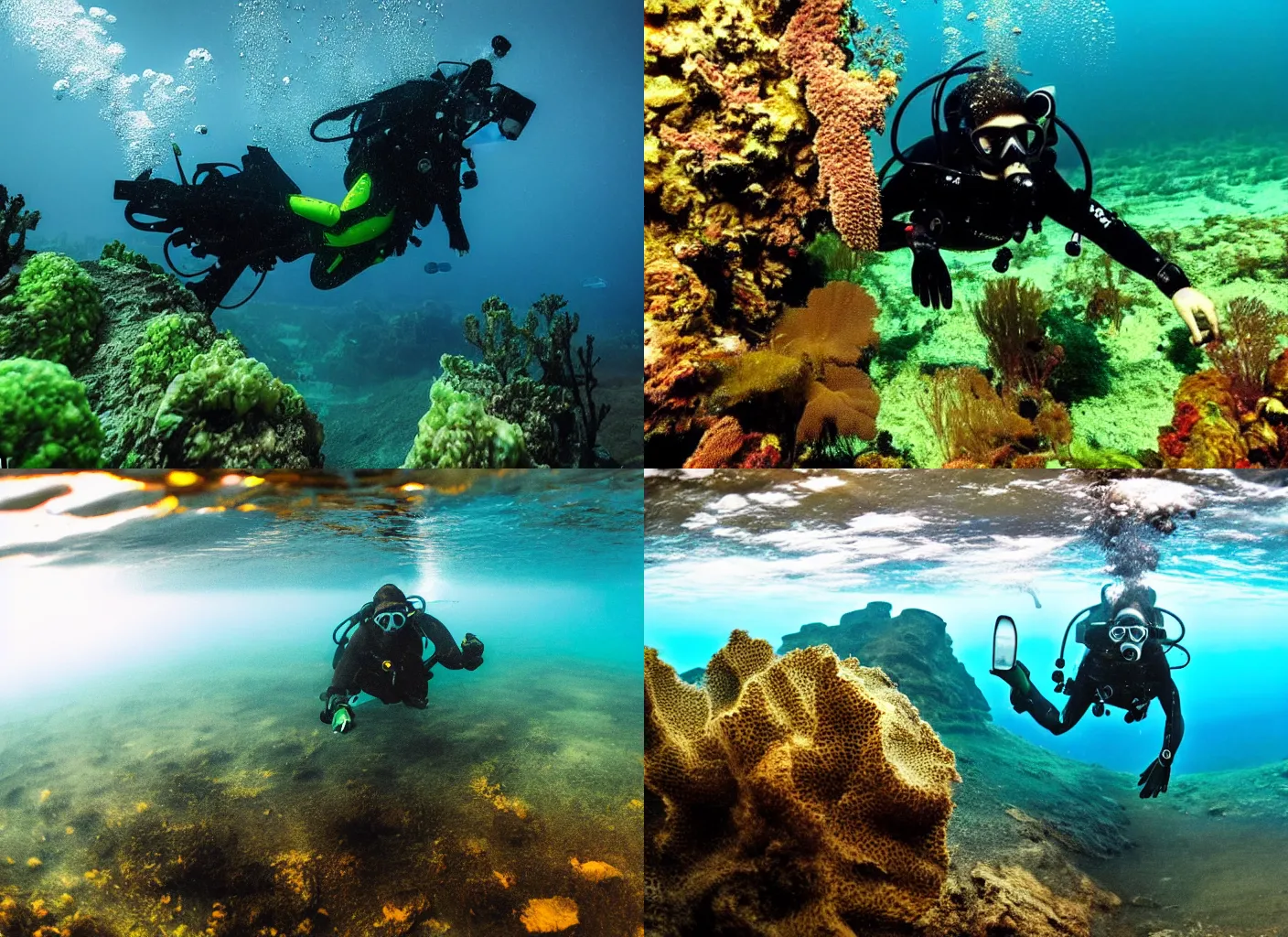 Prompt: an underwater photography of a scuba diver in the loch ness lake, bubbles, algae, rocks, maybe a monster