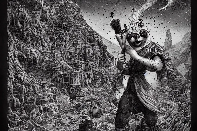 Image similar to a highly detailed pulcinella!! from naples, pizza!, volcano, black sky, smoke, fire lava, post - apocalyptic road warrior vibe, full body, wide angle, an ultrafine detailed painting by joe fenton, trending on deviantart, whimsical, lowbrow, perfect symmetrical face, sharp focus, octane, masterpiece