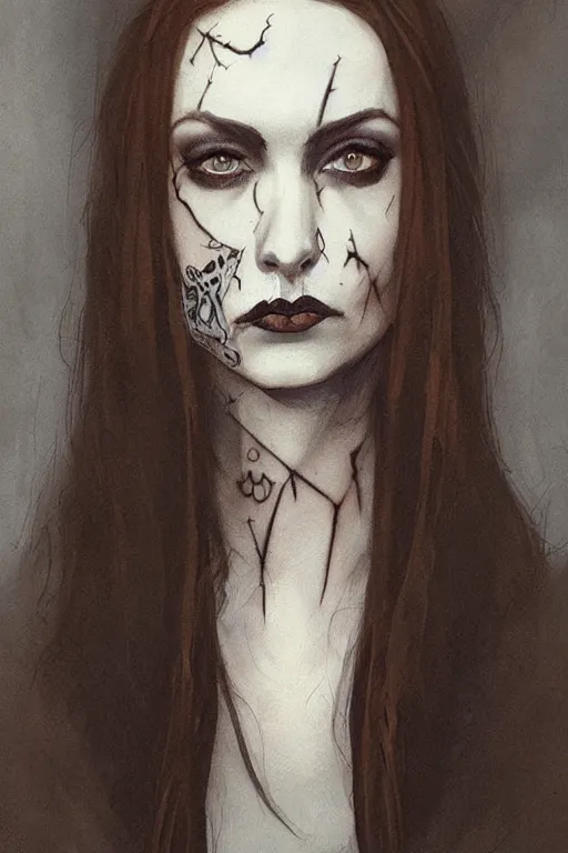 Image similar to \'realistic close-up painting of a gothic girl, face tattoo, by Abigail Larson, Anton Fadeev\'