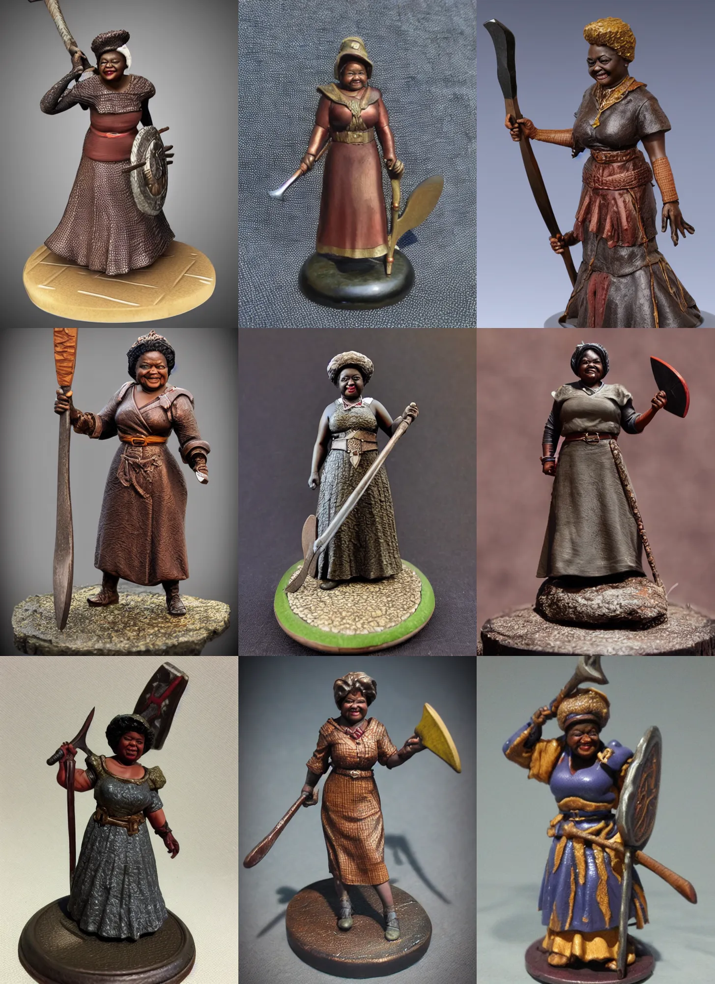 Prompt: 80mm resin detailed Miniature of a Hattie McDaniel, Angry, Queen of warrior, battle axe, on textured base ;Miniature product Photo, 4K, Full body