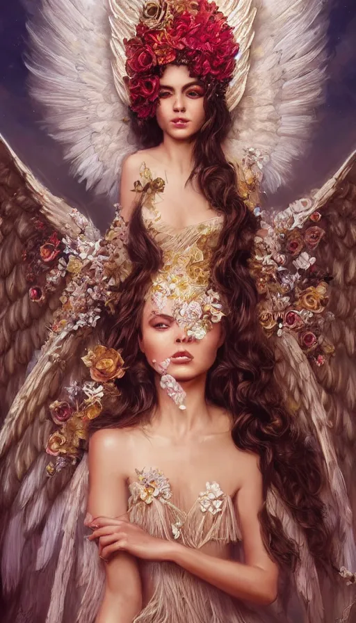 Image similar to expressive full body photo of sophia lauren as beautiful angel, smooth glowing skin, ornate headpiece made from flowers, ornaments, glamour shot, by karol bak, by greg rutkowski, by artgerm, octane render, unreal engine, photorealistic, canon r 3, fashion photography