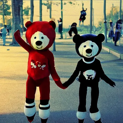 Prompt: happybears!, happy bears! kill union, humanoid bears, bear costumes, happy faces, evil happy faces, rollerblading, rollerskates, four humanoid bears, 2 0 0 1 anime, flcl, golden hour, japanese town, cel - shaded, strong shadows, vivid hues, y 2 k aesthetic