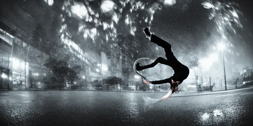 Prompt: fisheye lens slow motion with trail effect of futuristic break dancer wearing floating long dress, long exposure shot , at night in the middle of a rainy street, paddle of water, steam, fog, water splashes, rim lights, glossy reflections, water droplets on lens, octane render, dark and dramatic, explosion in the background, tongues of fires, detailed and soft, fisheye lens, smooth, sharp focus, illustration, art by artgerm and greg rutkowski