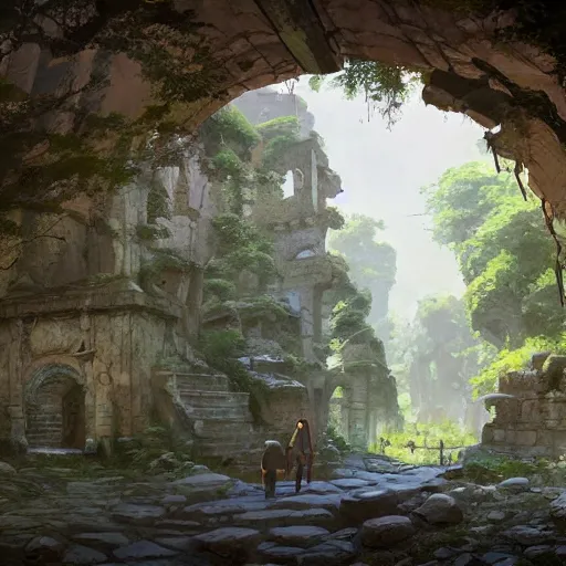 Image similar to concept art painting of an ornate ancient stone archway, in the woods, realistic, detailed, cel shaded, in the style of makoto shinkai and greg rutkowski and james gurney