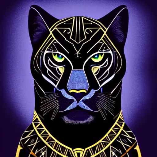 Image similar to artdeco illustration of one beautiful majestic black panther. beautiful. mysterious. intricately detailed. meticulously rendered. background is a jungle. epic skym hd. trending on art station. h 7 6 8