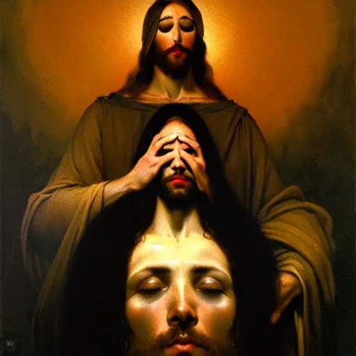 Image similar to jesu christ wearing blindfold!!!!! sitting on a huge!!!! throne of entwined bodies, elegant, ominous, highly detailed painting by goya!!! phil hale!! gaston bussiere, craig mullins, j. c. leyendecker, 8 k, mid shot