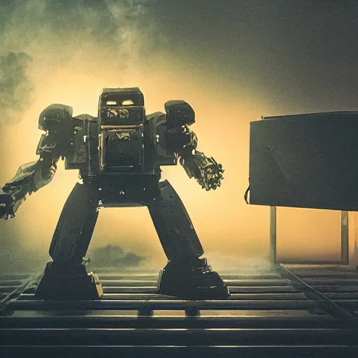 Image similar to head of toaster oven mecha, dark messy smoke - filled cluttered workshop, dark, dramatic lighting, orange tint, cinematic, highly detailed, sci - fi, futuristic, movie still