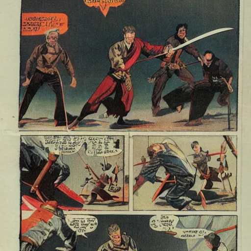 Image similar to vintage comic, greg rutkowski man with long sword fighting several martial artists at once