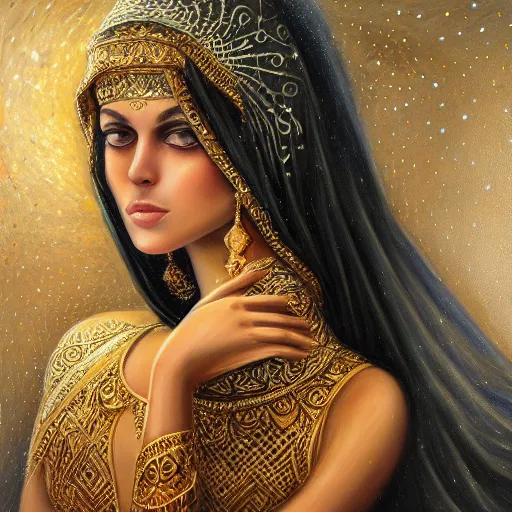 Image similar to beautiful gorgeous pristine arabian Goddess of life with a veil, dark Goddess of artificial intelligence creating an artificial neural network with gold synapses on an anvil with her scythe, high resolution, award winning art, trending on art station, sharp image, incredibly detailed, detailed character, realistic painting, hyper-realistic painting, coherent painting, master piece by ramon y cajal