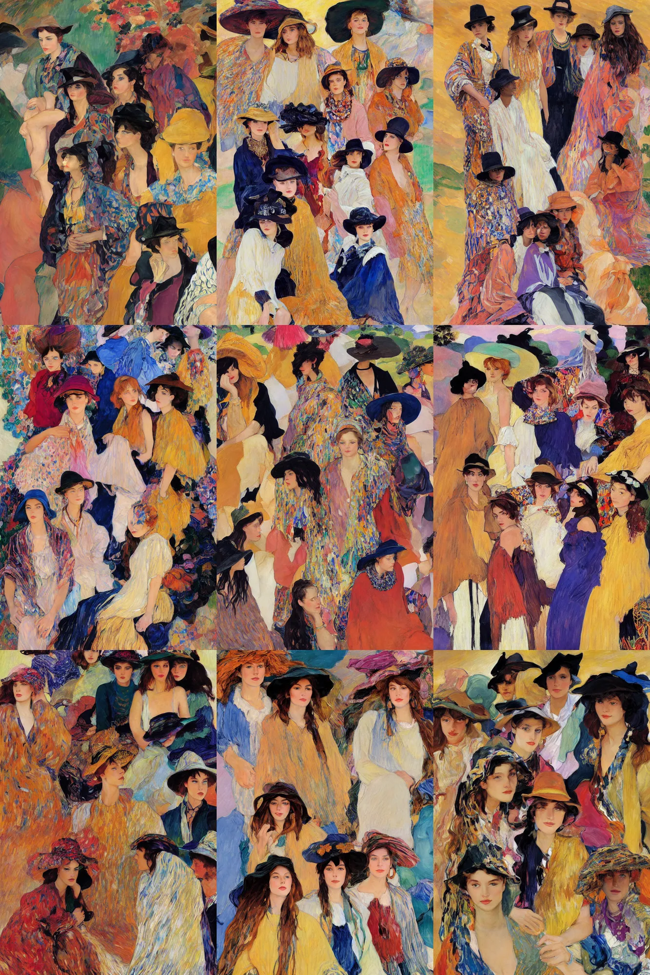 Prompt: portrait of group of fashionable young womans wearing rich jewerly hat and boho poncho, sitting dynamic pose, Low poly, thunder clouds in the sky, artwork by Joaquin Sorolla and nikolay feshin and waterhouse and filipp malyavin and klimt and Dean Ellis and Detmold Charles Maurice, simple form, brutal shapes