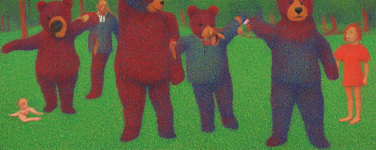 Image similar to teddy bear shakespeare in the park, from the terrifying and incomprehensible beyond, body horror, by david hockney, seurat