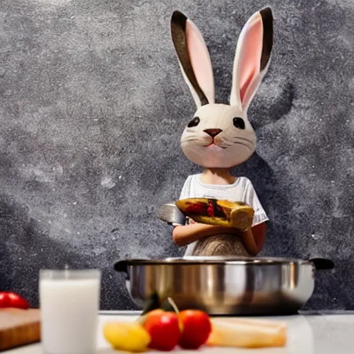 Prompt: a bunny cooking in a modern kitchen