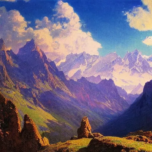 Prompt: wonderful alpine mountain valley, swiss, soft dynamic clouds, astral appearance, cinematic light, sublime, colorful, light shafts, dramatic light, by august malmstrom, russian painters, mucha, disney, global illumination, rule of thirds, perfect central composition